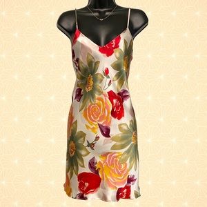 August Silk Intimates Nightie 100% Silk, Floral, Roses, Cream, Green, Red, Pink